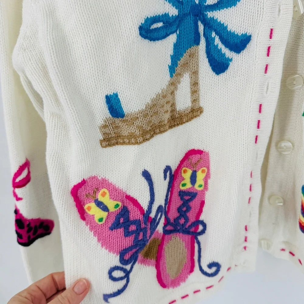 Vintage Thyme Cream Knit Cardigan Shoes Butterfly Novelty Size M Embroidered‎